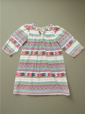 Tea Collection Pink & Teal Aztec Stripe Long Sleeve Dress 3T